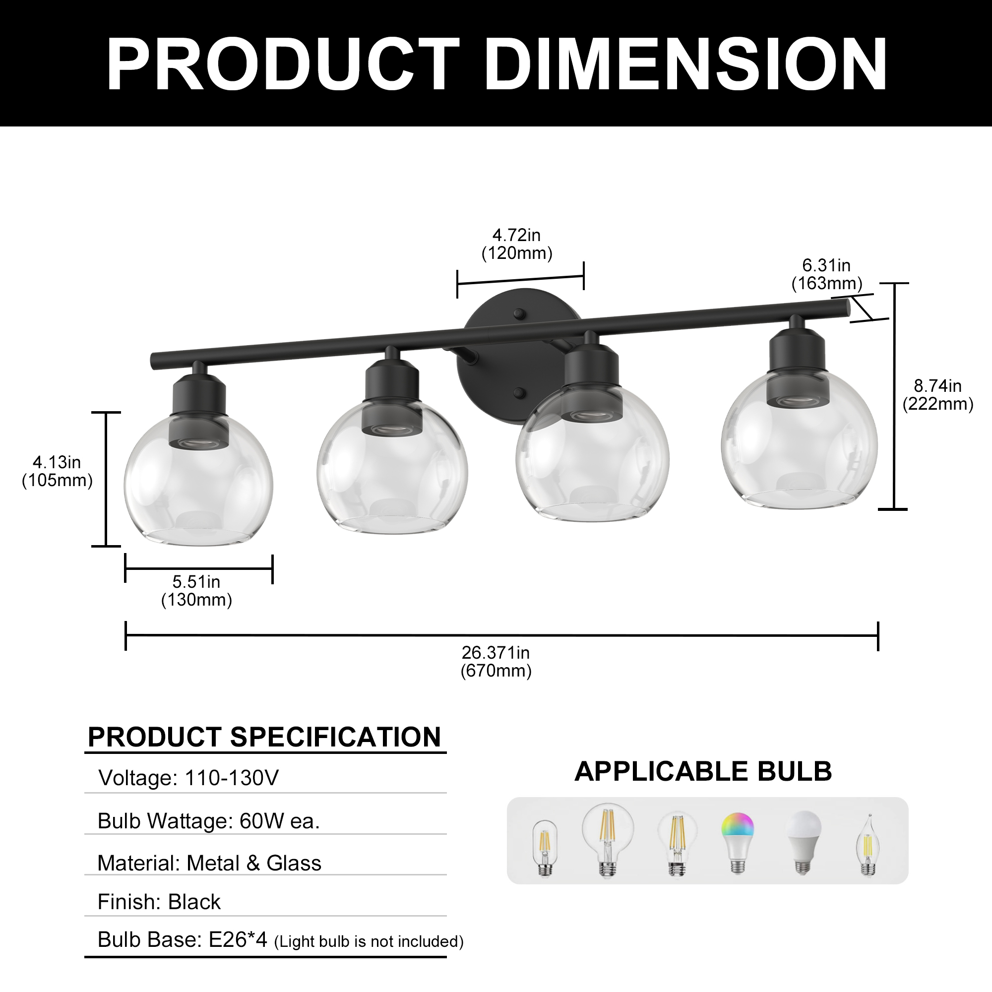 YANSUN 26.37 in 4-Light Bathroom Vanity Light Fixtures Over Mirror, Black Bathroom Light Fixtures with Clear Globe Glass Shades, for Bathroom, Powder Room, Vanity Table