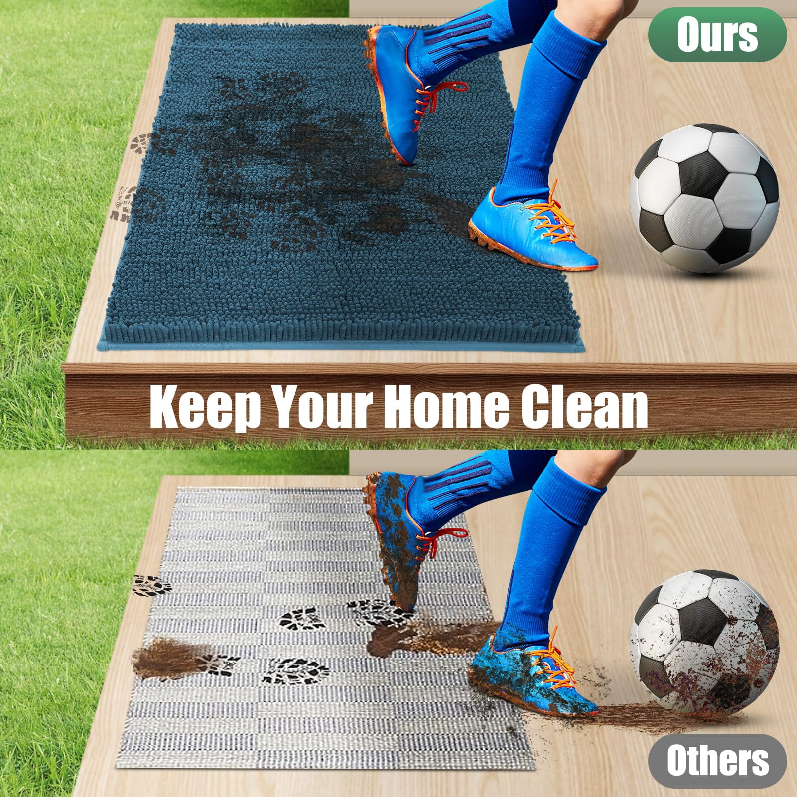 HAKUNA Chenille Absorbent Outdoor Doormat 48" x 30", Washable Muddy Door Mats for Dog Non Slip Indoor Doormat Dog Mat for Muddy Paw Front Inside Doormats for Entryway Atlantic Blue
