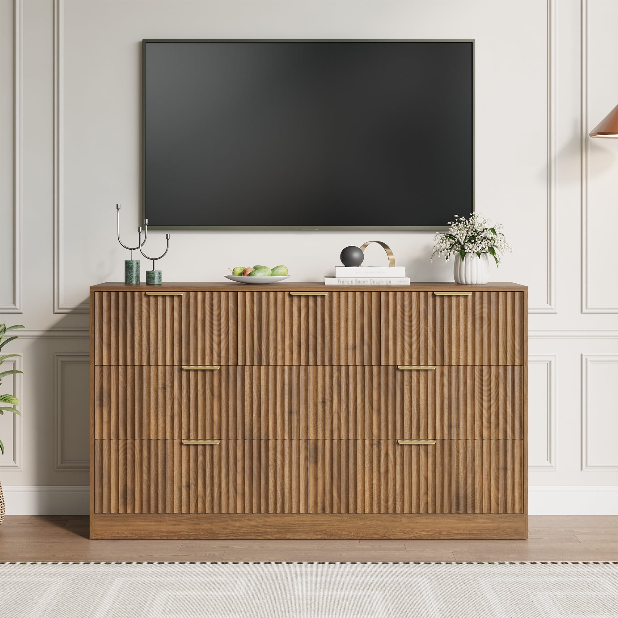 YouTrend 55.1"W Fluted Dressers for Bedroom with 7 Drawers,Modern Chest of Drawer TV Stand for Adults,Wood Clothes Storage for Living Room,Brown