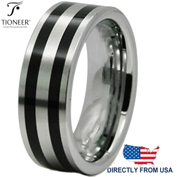 Tioneer Tungsten Carbide Polished Dual Black Resin Strip Inlay Wedding Band Ring Men Women 8mm