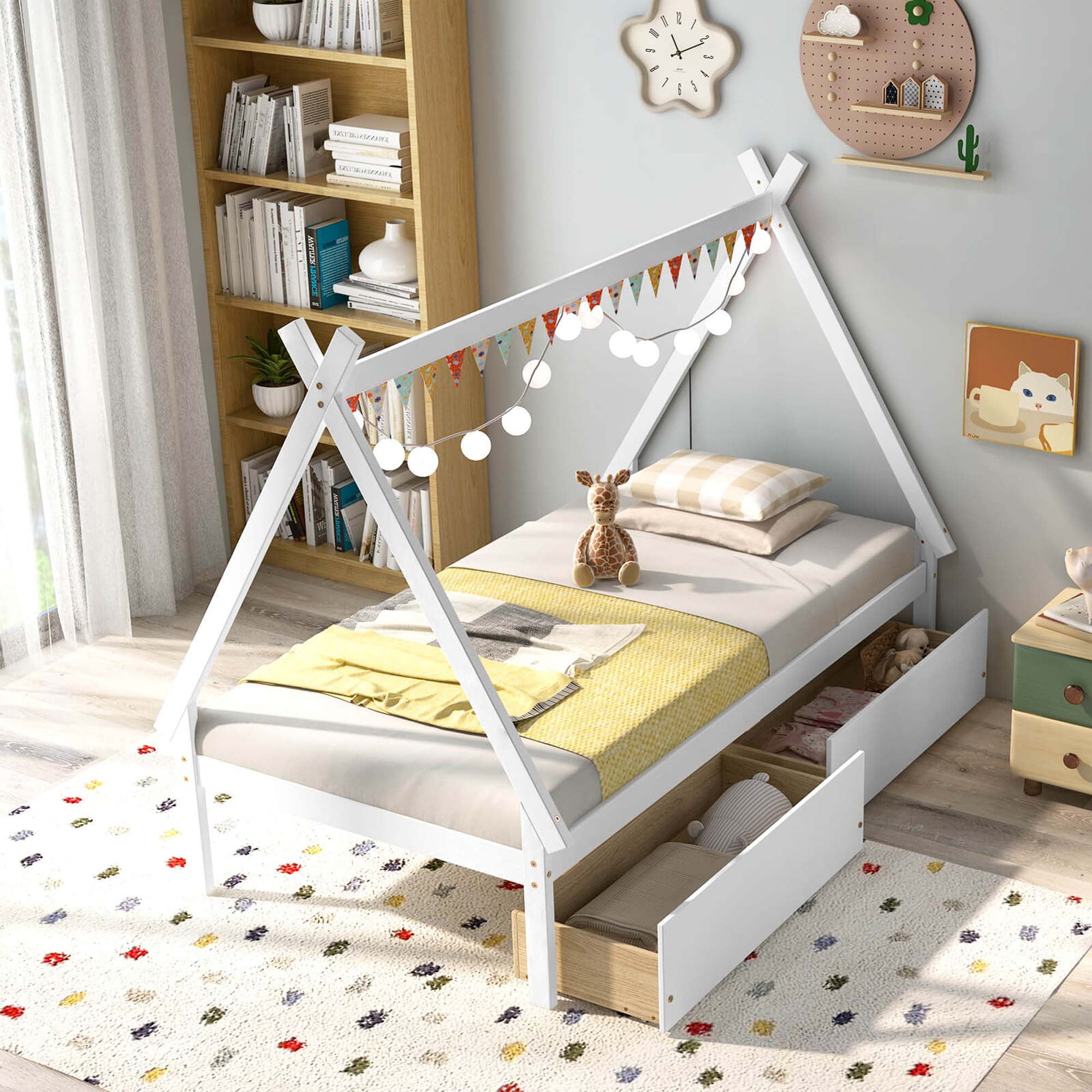 Costway Twin Size Wooden House Bed with 2 Drawers Roof Storage for Boys & Girls White