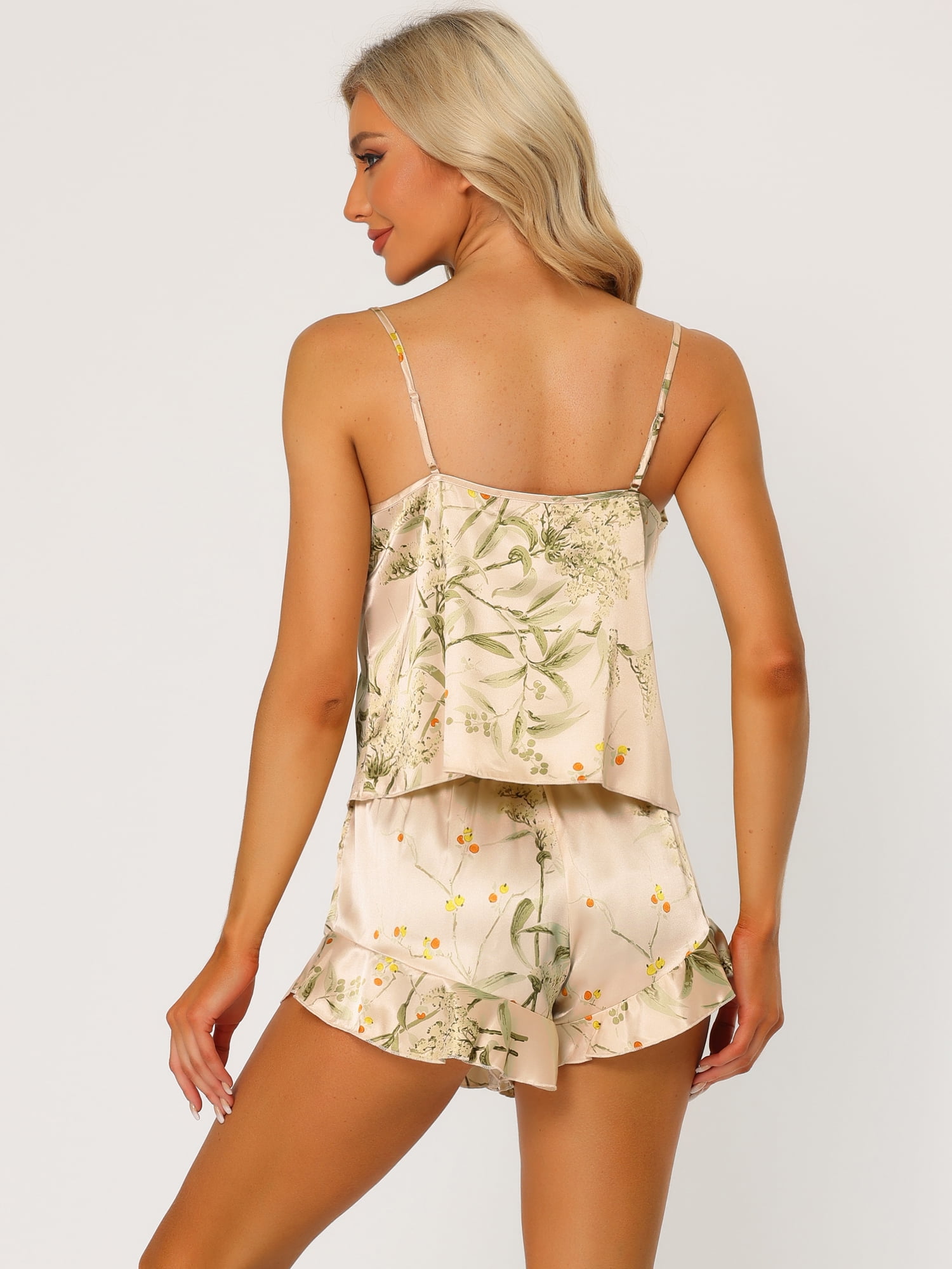 Unique Bargains Womens Satin Lounge Floral Cami Tops with Shorts Pajamas Sleepwear Sets