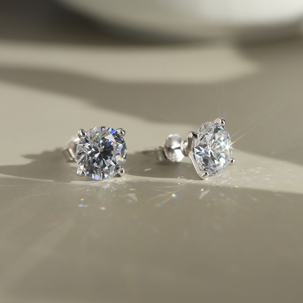 SFTING Cubic Zirconia Stud Earrings for Women Men Hypoallergenic 925 Sterling Silver Post Earrings 8A CZ 8*8 Round Cut 4-prong Setting Stud Earrings for Sensitive Ears