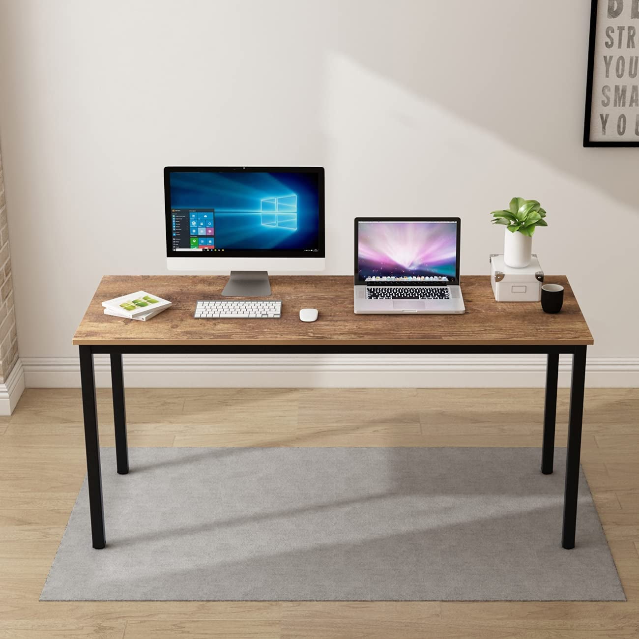 Soges Large Office Desk Wood Writing Desk with Metal Frame Computer Desk Rustic Brown, 63inch