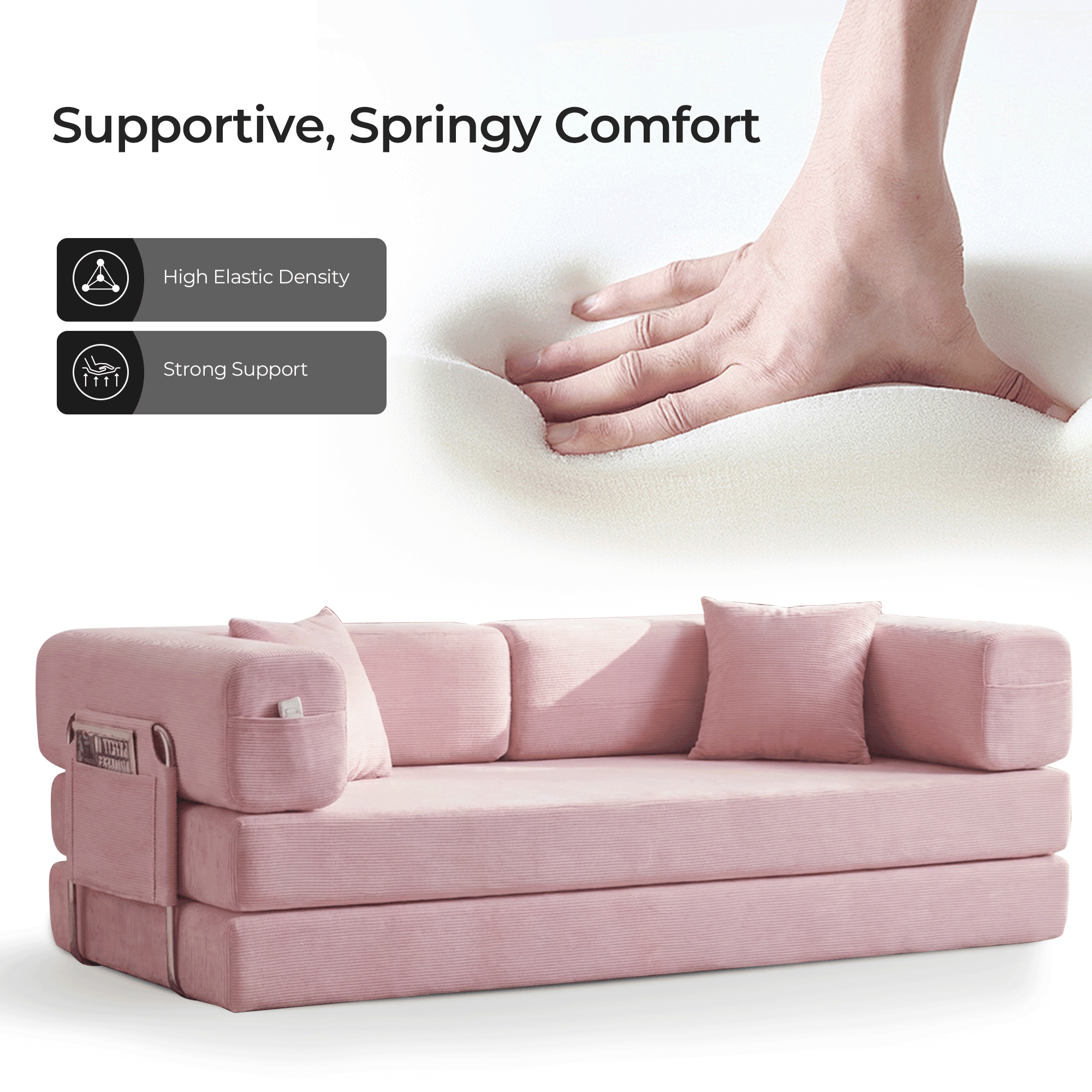 79" Convertible Sofa Bed ,CARZZI LIFE Compressed Floor Boneless Couch Modular Corduroy Sleeper Sofa, Folding Mattress Couch for Small Spaces - No Assembly Needed in Pink with Storge
