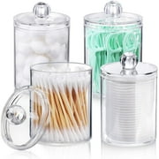 2/4 Pack Holder Dispenser for Cotton Ball, Cotton Swab, Cotton Round Pads, Floss - 10 oz Clear Plastic Apothecary Jar for Bathroom Canister Storage Organization, Vanity Makeup Organizer