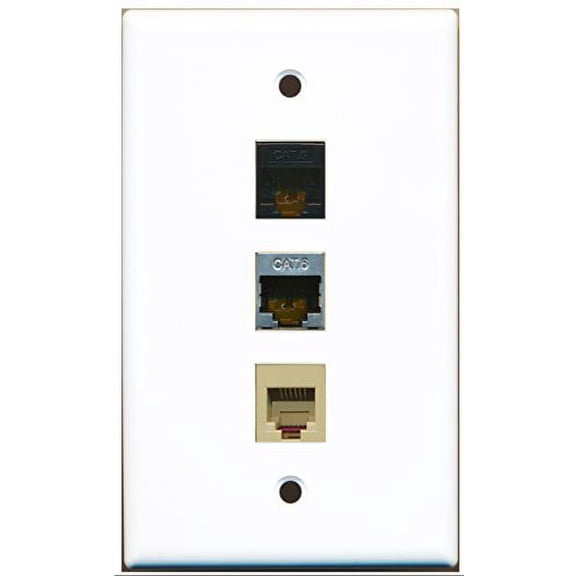 RiteAV - 1 Port Phone RJ11 RJ12 Beige and 1 Port Shielded Cat6 Ethernet and 1 Port Cat6 Ethernet Black Wall Plate