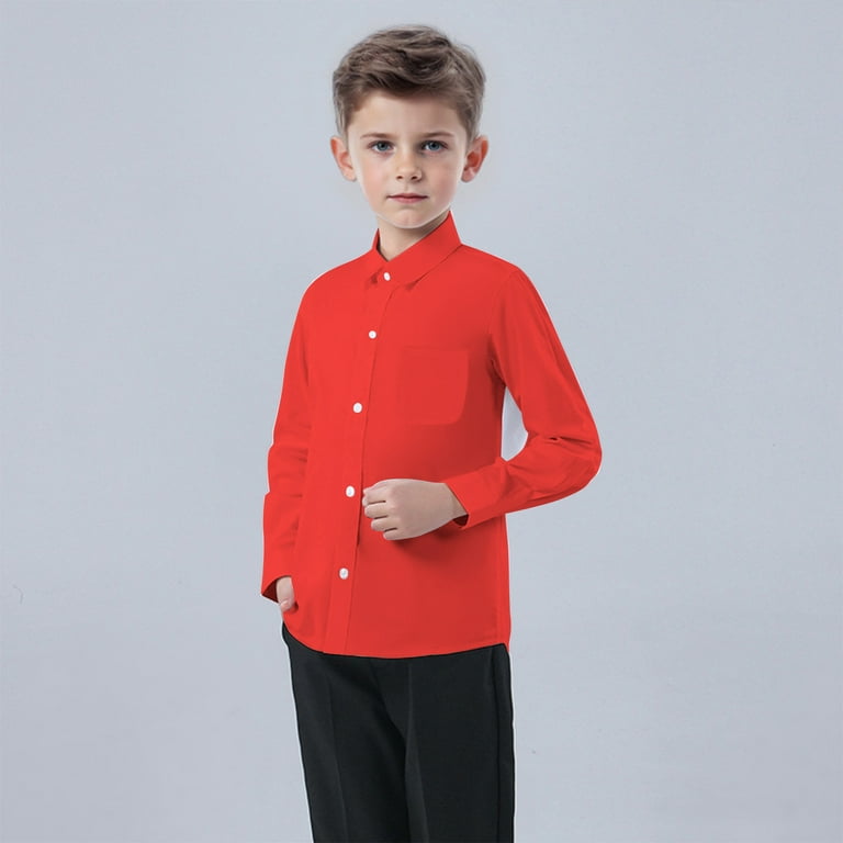boys dress up shirts Boys Dress Shirts Long Sleeve Collared Button Up Shirt Blouse Boy Girl  School Uniform Clothes for Toddler Kids, 4 Years Red