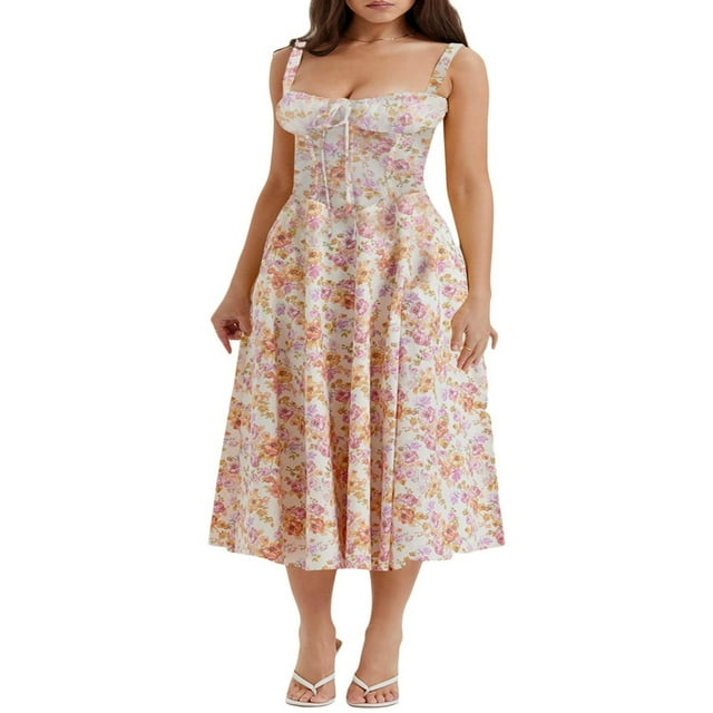 Femmes Été Robe Sans Manches Spaghetti Sangle Côté Fente V Cou Midi Robes Moulantes