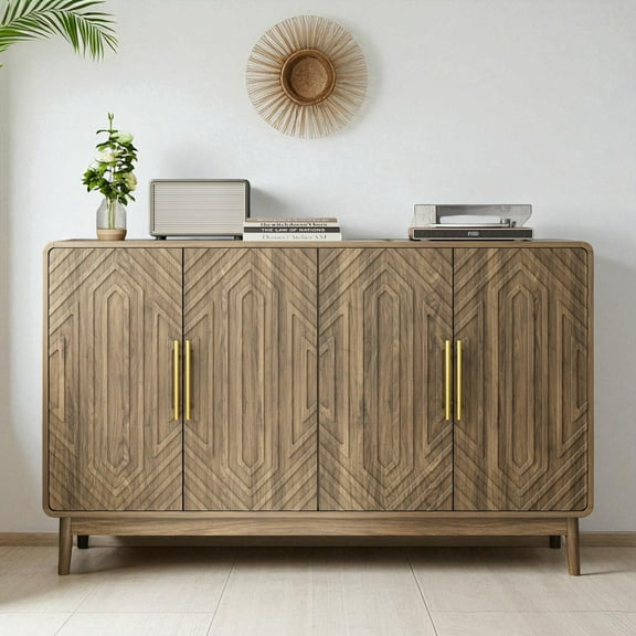 GZXS Modern 4-Door Buffet Cabinet in Walnut Finish, 55"W Storage Sideboard with Golden Metal Handles, Adjustable Shelves, Solid Wood Legs, for Home, Entryway, Dining Room