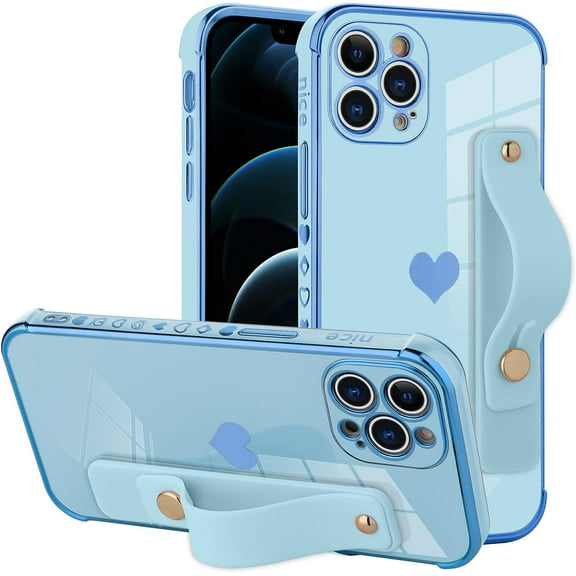 Designed for iPhone 12 Pro Max Case with Strap Stand Love Hearts Design for Women Girl Men,Plating with Wristband Kickstand Camera Lens Protection Bumper for iPhone 12 Pro Max 6.7"-Blue