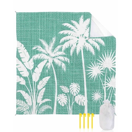 Beach Blanket Waterproof Sandproof Tropical Palm Tree Beach Blankets with Stakes Quick Dry Sand Free Outdoor Picnic Mats Summer Coastal Teal Linen Large Beach Mat for Sand Camping Hiking 108 x84