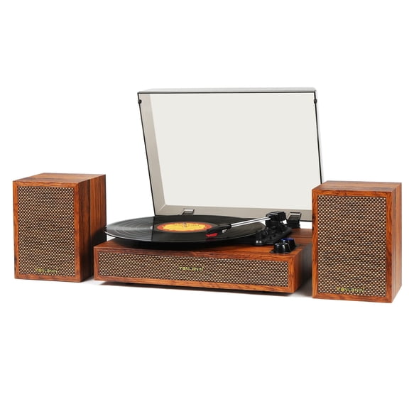 TANLANIN Vinyl Record Player with External Speakers, 3 Speed Vintage Stereo Turntable for Vinyl Records, Bluetooth Input, Auto Stop & Belt Driven System, RCA Out and Aux in - Brown Wood