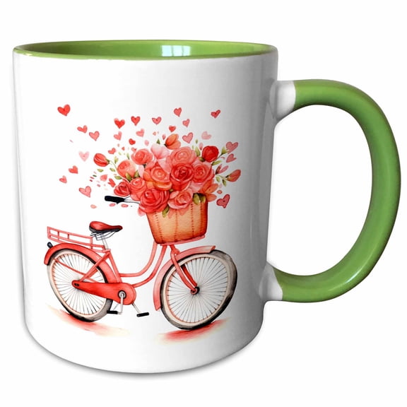 3drose, Cute Red Valentine Floral Bike Illustration, 11oz Two-tone Green Mug