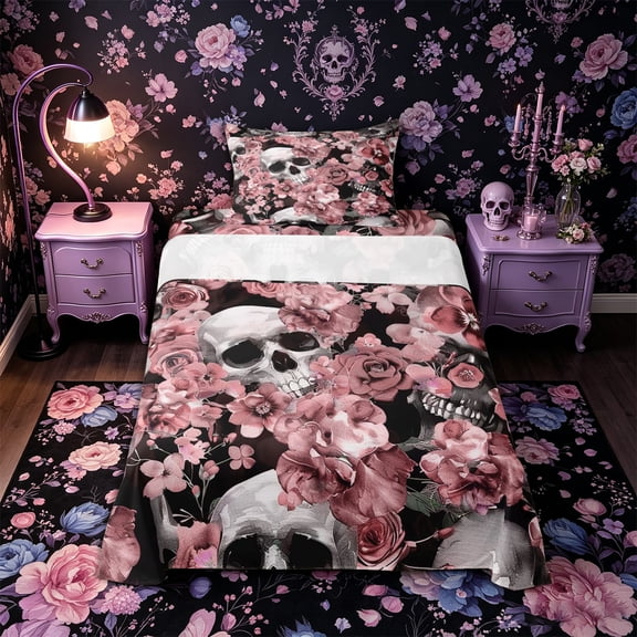 Castle Fairy Gothic Skull Twin Sheets 3pcs,Rose Flower Bedding,Mauve Gray Black,1 Fitted Sheet,1 Flat Sheet and 1 Pillowcase