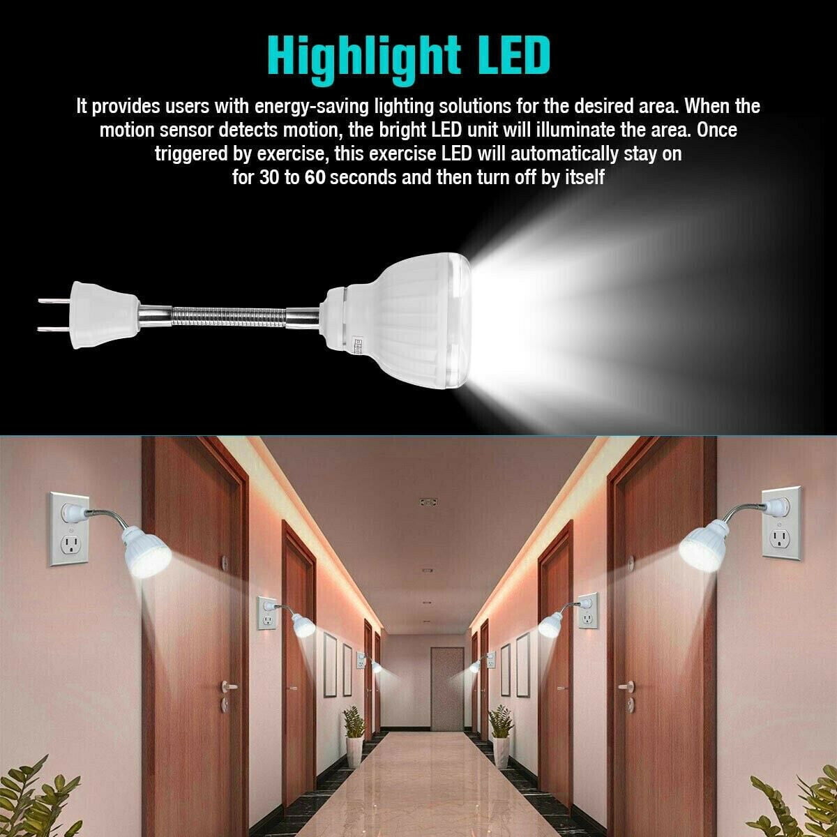 LED Motion-Activated Rotating Flexible Sensor Night Light AC Outlet Plug-in Wall