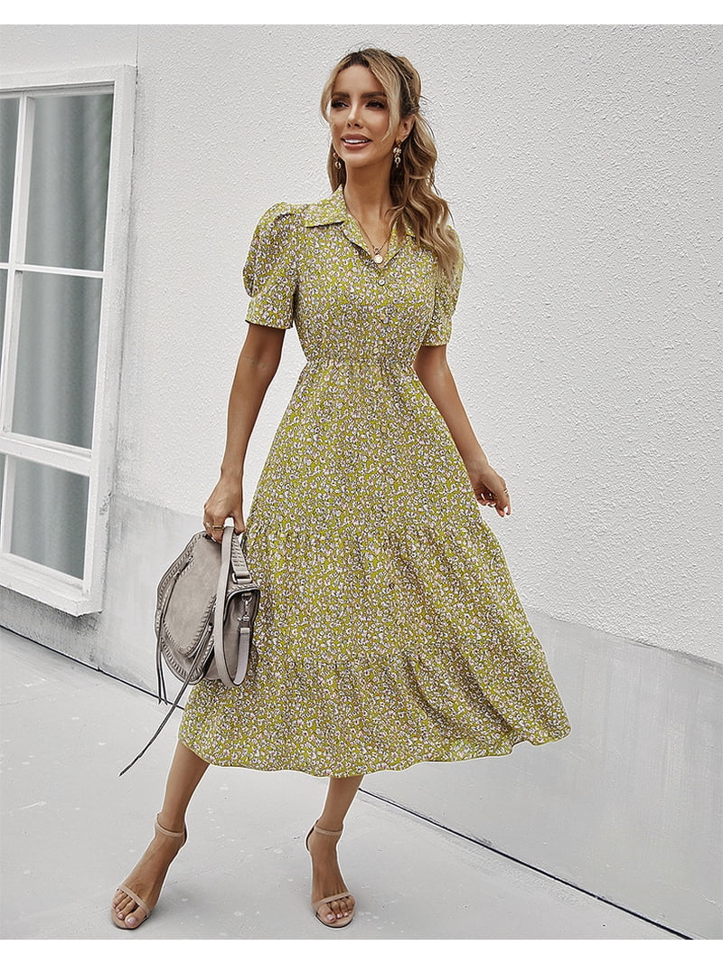 floral below knee length dresses Floral Print Puff Sleeve Collared Vintage Dress Below Knee Length