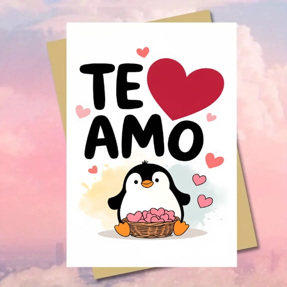 Cute Love Card for Partner – "Te Amo" Penguin Design with Hearts – Blank Inside for Personal Touch – Ideal for Anniversaries, Valentine's Day, or Just Because