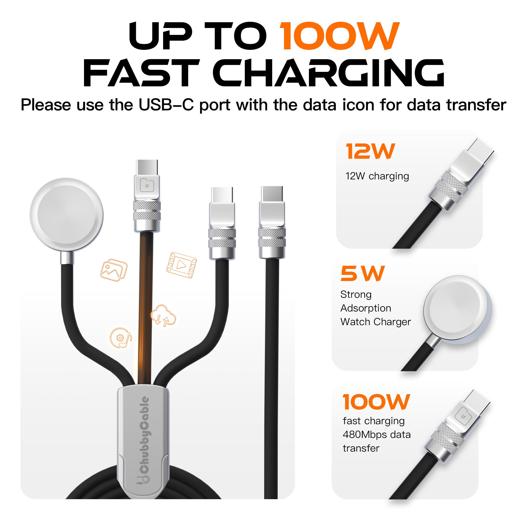 Chubby Cable Tri-Flex USB C Cable for Apple Watch Charger 3 in 1 Multi Fast Charging Cord Compatible with iWatch iPhone 16/15 ,Black, 4.1FT