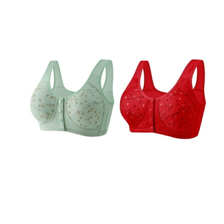 Huuilaibazoo 2 Pack Daisy Bras for Older Women Front Closure Push Up Wireless Bralette Full Coverage Lightly Bra