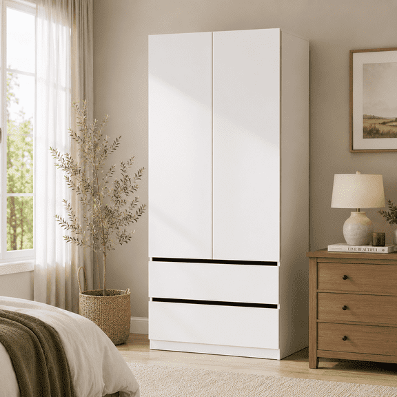 Modern 2 Door Wardrobe Armoire Closet with 2 Drawers and Hanging Rod, Freestanding Storage Cabinet for Bedroom