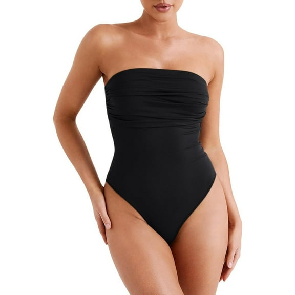 SMZ Women's Sexy Strapless Ruched Bodysuit Tube Top Sleeveless Trendy Body Suits