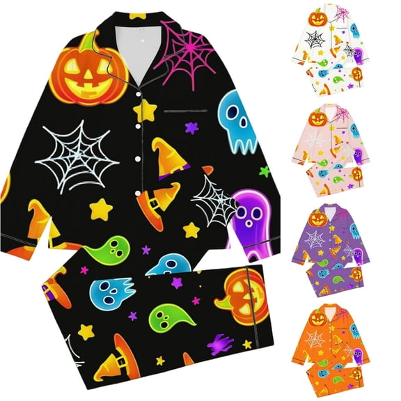 Afdoent Girls Pajamas Set Halloween Pumpkin Ghost Print Sleepwear Long Sleeve Jammies Button-Down Nightwear Loungewear Comfortable For Kids Holiday 11-12 Years