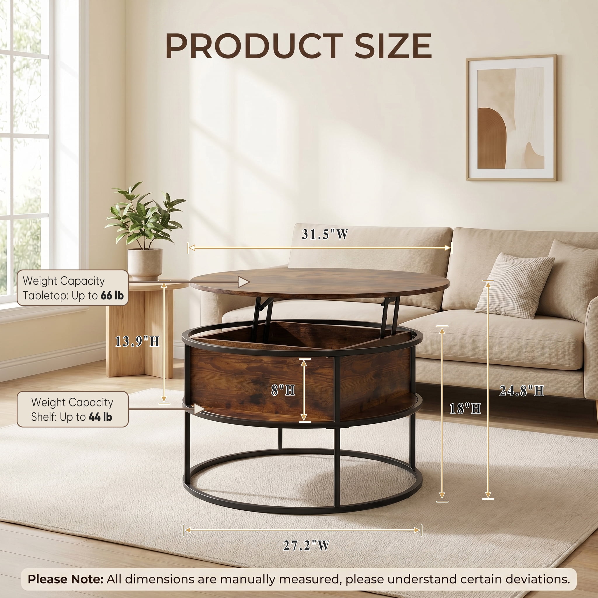 Cenovo Round Lift-Top Coffee Table with Hidden Storage and Open Shelf Modern Farmhouse Center Table for Living Room,Burnt Walnut