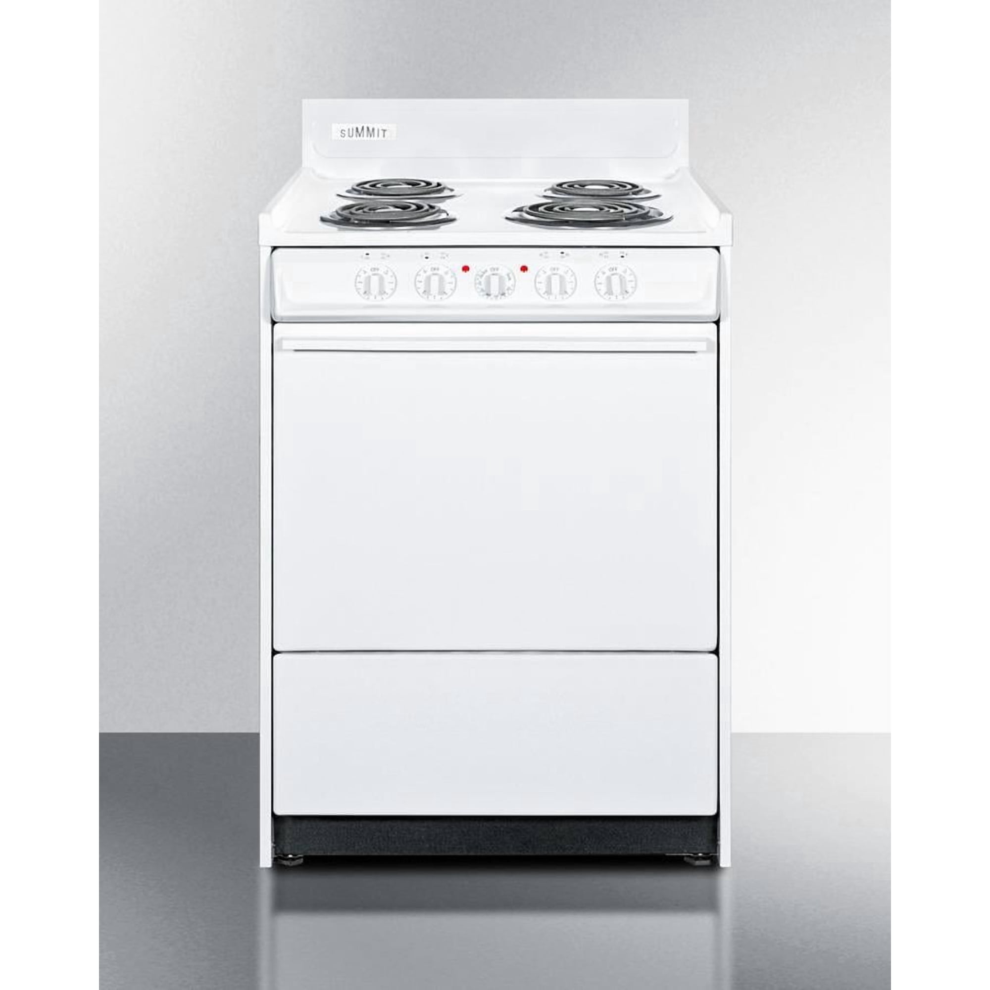WEM610 24 Freestanding Electric Range with 4 Burners 2.92 Cu. Ft. Capacity Storage Drawer Broiler in Oven and Temperature Control Dials in White"