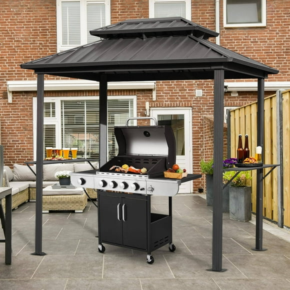 MELLCOM 6' x 8' Grill Gazebo, Outdoor Patio Gazebo with Galvanized Steel Double Roof, Hardtop Barbecue Canopy with 2 Side Shelves and Ceiling Hook for Deck Lawn Backyard Garden (Black)