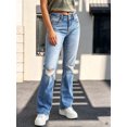 thumbnail image 6 of Women's High Waisted Ripped Straight Leg Denim Jeans with Distressed Knee Hole and Double Button Fly, Light Blue Washed Frayed Hem Long Pants, 6 of 7