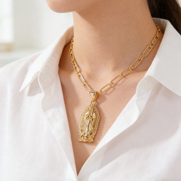 Virgin Mary 14K Yellow Gold Pendant Necklace European and American Personalized Design Micro-inlaid Zirconia Colorful Religious Fashion