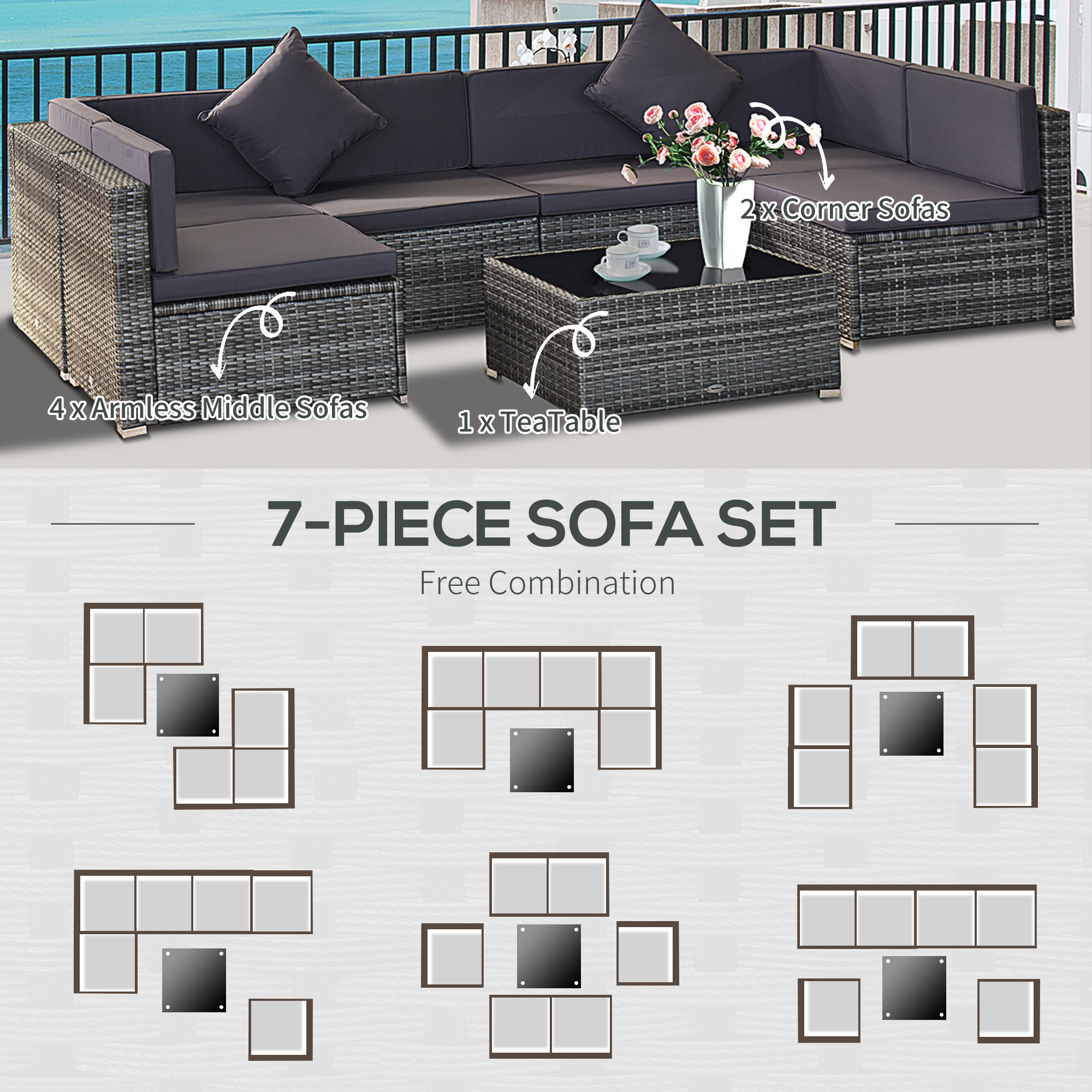 Outsunny 7-Piece Outdoor Patio Furniture Set w/ Rattan Wicker - image 5 of 9