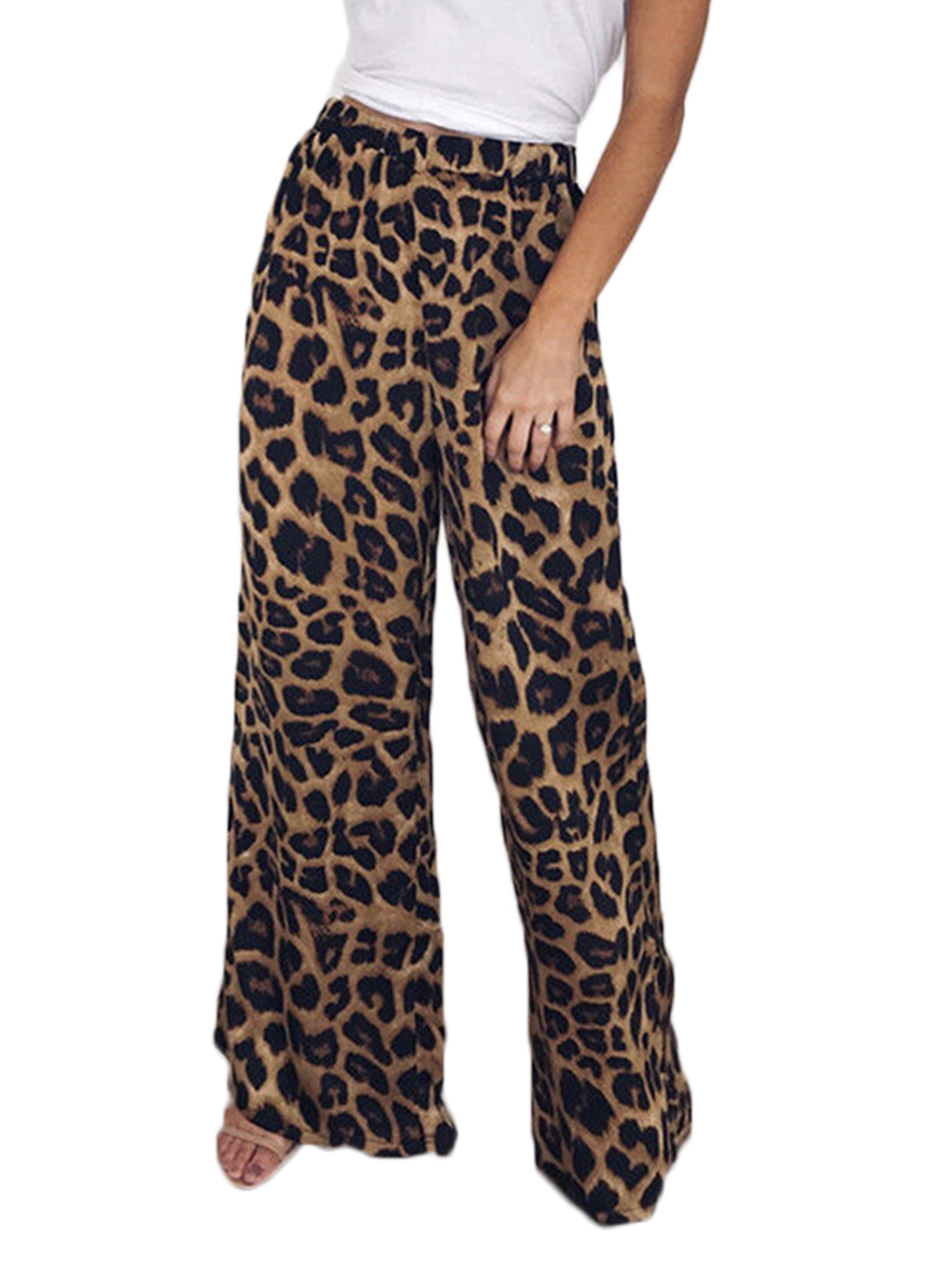 Women’s Leopard Printed High Waisted Wide Leg Trousers Casual Pockets Crop Pants 