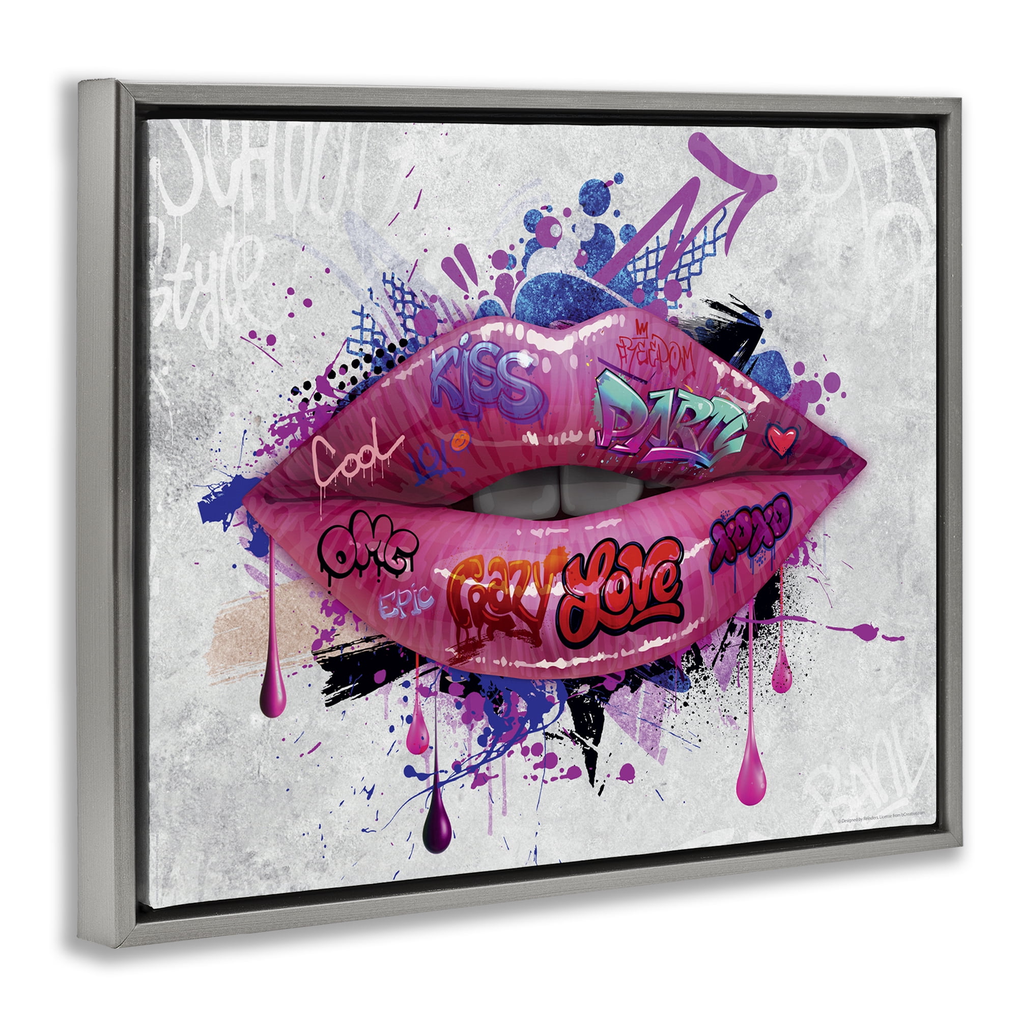 Stupell Industries Urban Graffiti Lips Abstract Painting Gray Floater Framed Canvas Art Print Wall Art, 31 x 25