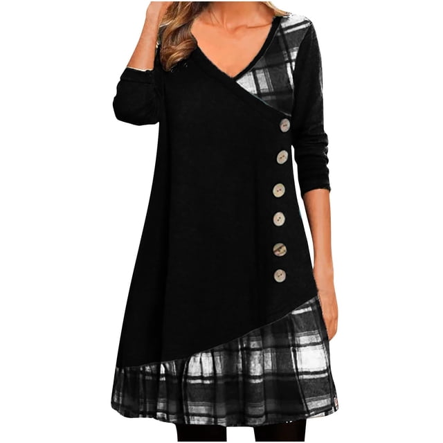 Pompotops Robe pour Femmes à Col en V, Colide, à Carreaux, Patchwork, à Manches Longues, avec Boutons, en Solde