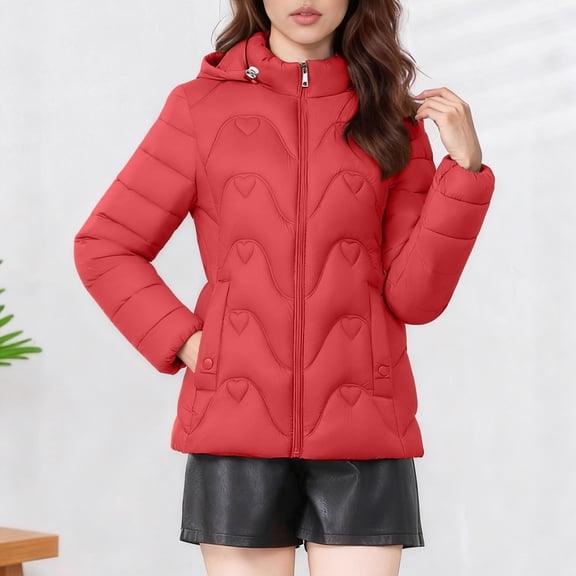 PiGOGI Women's Winter Jacket Casual Long Sleeve Hooded Colored Jacket Fashion Outwear Red XL