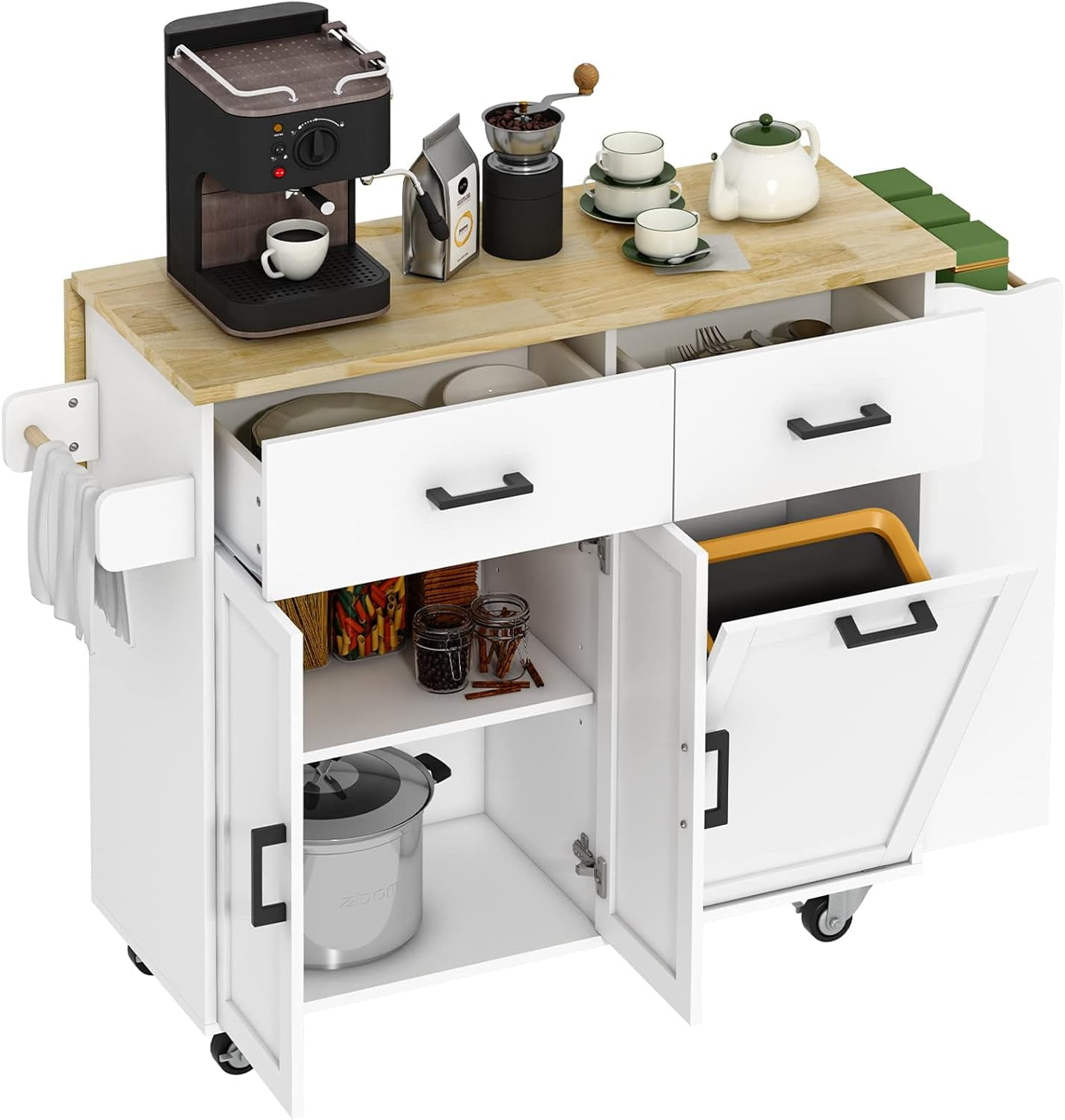 HAUXITIO Kitchen Island Cart with Drop Leaf,2 Drawers & Trash Can, Rolling Storage Cart with Spice Rack,White