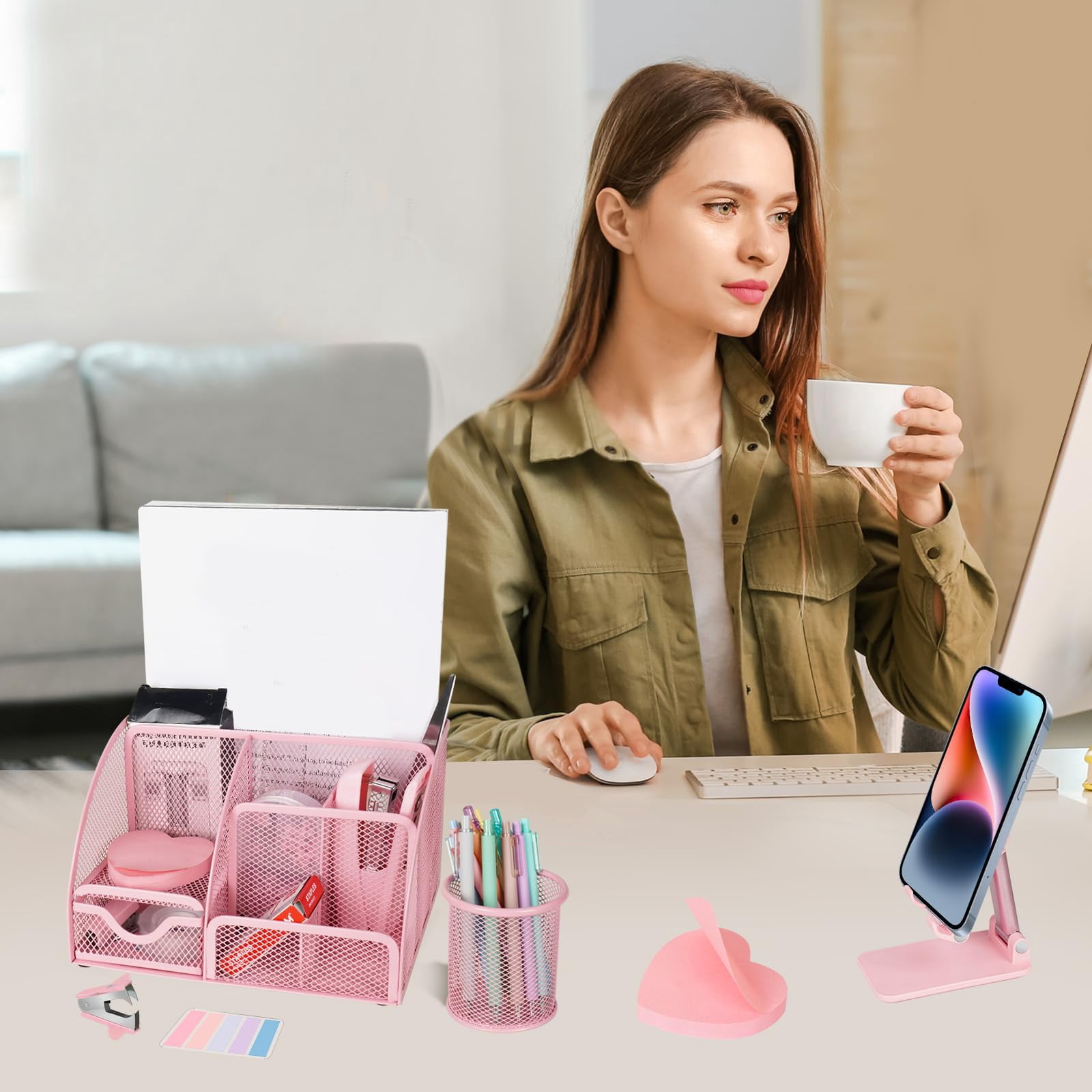 Desk Organizers And Accessories  Office Supplies 15ps Set With Stapler Staple Remover Pen Holder Clips Tape Dispenser Phone 1000 Staples Ruler (pink)
