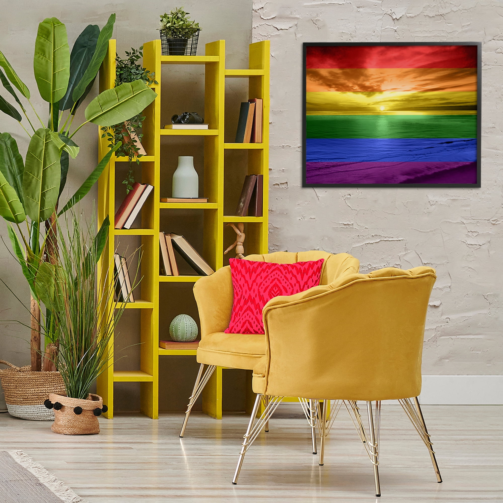 Stupell Industries Rainbow Sunset Beach Coastal Painting Black Framed Art Print Wall Art, 30 x 24