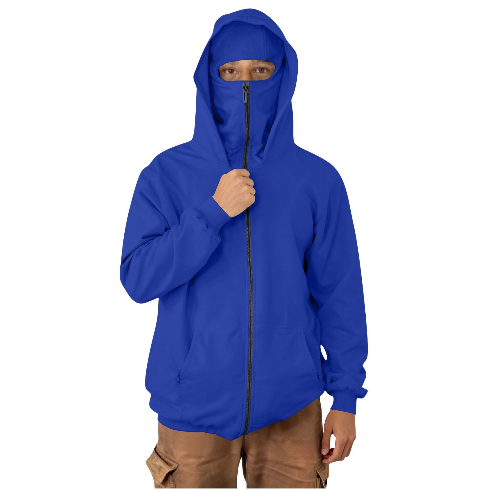 Mens Balaclava Hoodie Winter Double Hooded Zip Jacket Loose Fit Zip Up Fashion Hoodies Jacket Fleece-Lined Hoodie with Built-In Balaclava Wind-Resistant Streetwear Sweatshirt with Ski Mask