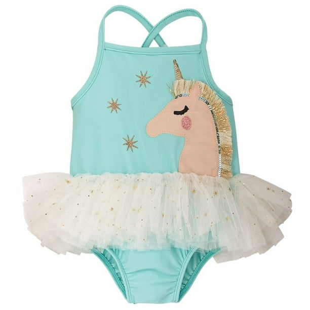 Baby or Girls Unicorn Swimsuit Blue Ruffle 69 months