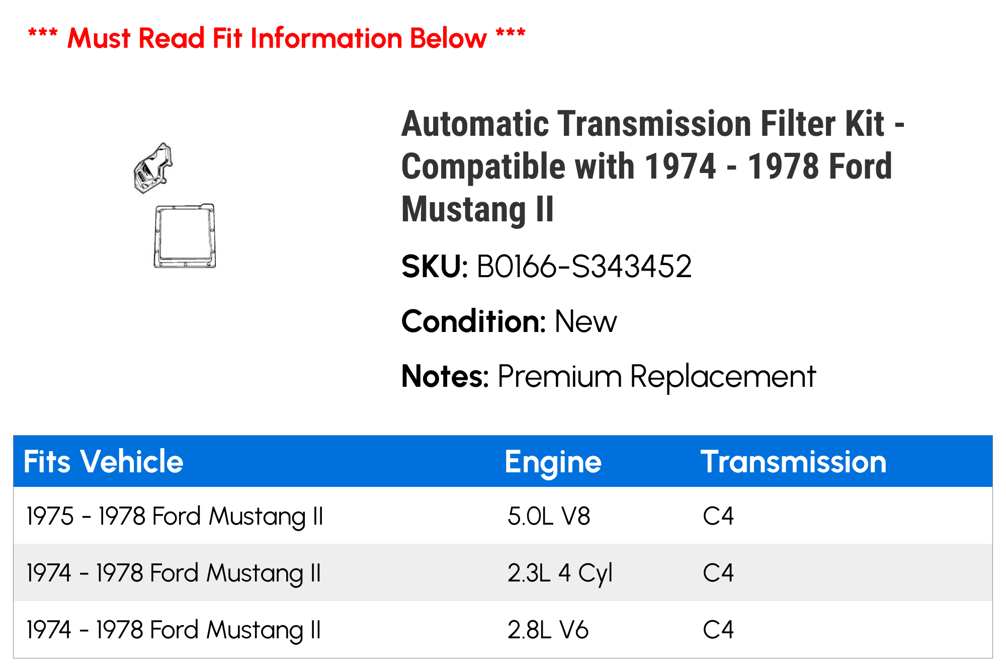 Automatic Transmission Filter Kit - Compatible with 1974 - 1978 Ford Mustang II 1975 1976 1977
