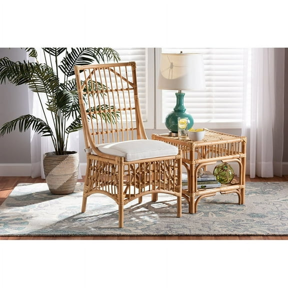 Baxton Studio Rose Modern Bohemian White Fabric Upholstered and Natural Brown Rattan Dining Chair