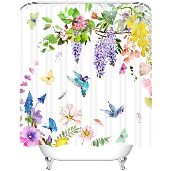 72" x 72" Hummingbird Shower Curtain Spring Bird Floral Flower Bathroom Set Vintage Wood Rustic Farmhouse Butterfly Home Bath Bathtub Decor Durable Fabric Machine Washable with 12 Hooks