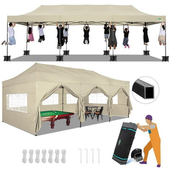 COBIZI 10'x30' Canopy Heavy Duty Pop Up Canopy Tent Outdoor Gazebo Shelter Waterproof Instant Commercial Tent with 8 Removable Sidewalls & 8 Sandbags & Roller Bag,Khaki