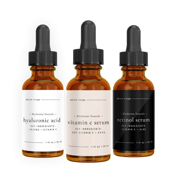 Blackstone Vitamin-C Serum Set - Vitamin-C, Retinol and Hyaluronic-Acid (3 pack) for Day and Night Facial Regimen - All Natural and Moisturizing