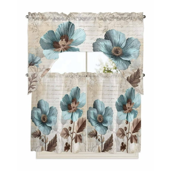 Spring Floral Kitchen Curtains Swag Valance and Tier Curtains Set 36 Inch Length, Teal Tulip Vintage Botanical Summer Rod Pocket Drape Panels Pair Swag Curtains for Bathroom/Cafe/Window