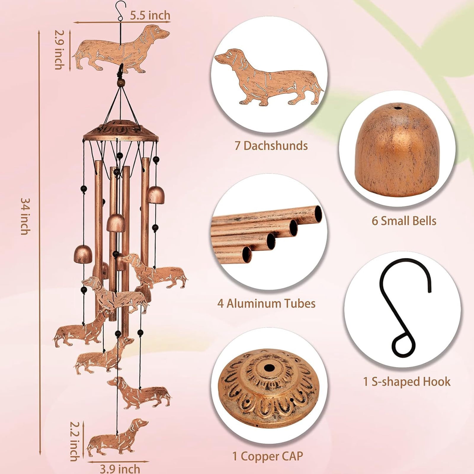 Yucurem Dachshund Wind Chime for Outside, Handmade Metal Garden Wind Chimes, Melodic Weatherproof Wind Bell for Patio Porch Decor