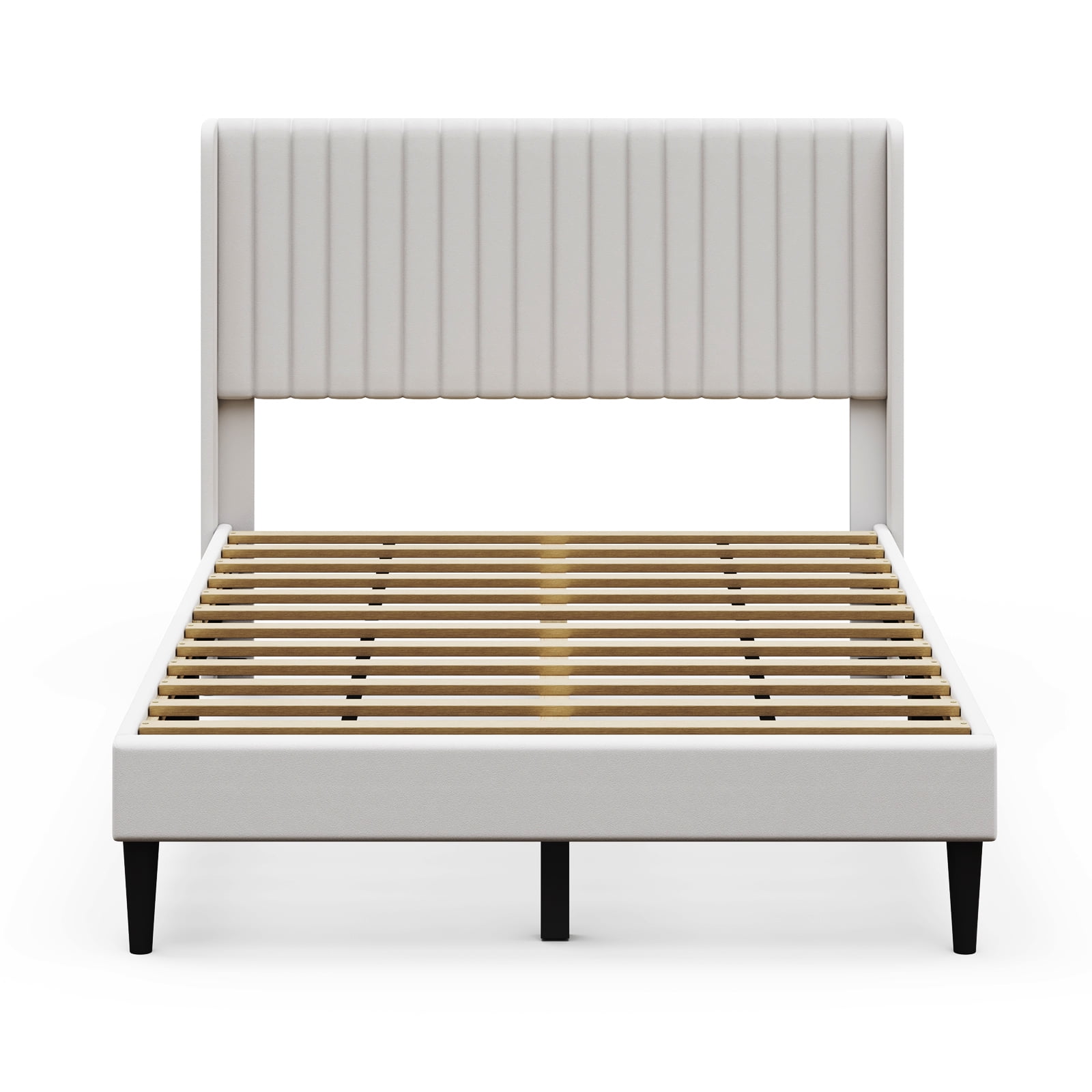 Sofanext Queen Wingback Platform Bed Frame, Tall Velvet Upholstered Headboard, Wood Slat Support, No Box Spring, Noise-Free, Cream White